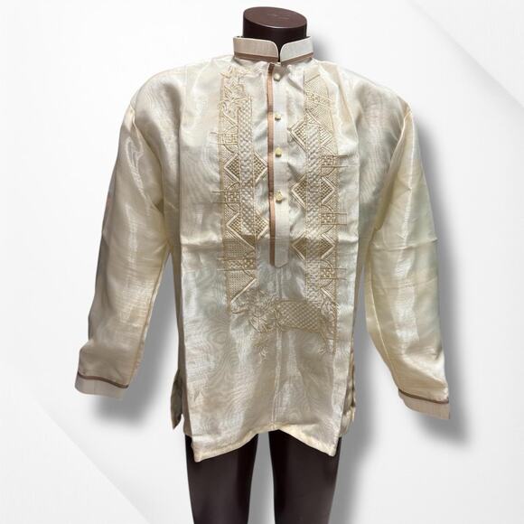 Embroidered Beige Silk Barong Tagalog Filipino Shirt Mens Formal Large - Picture 1 of 7